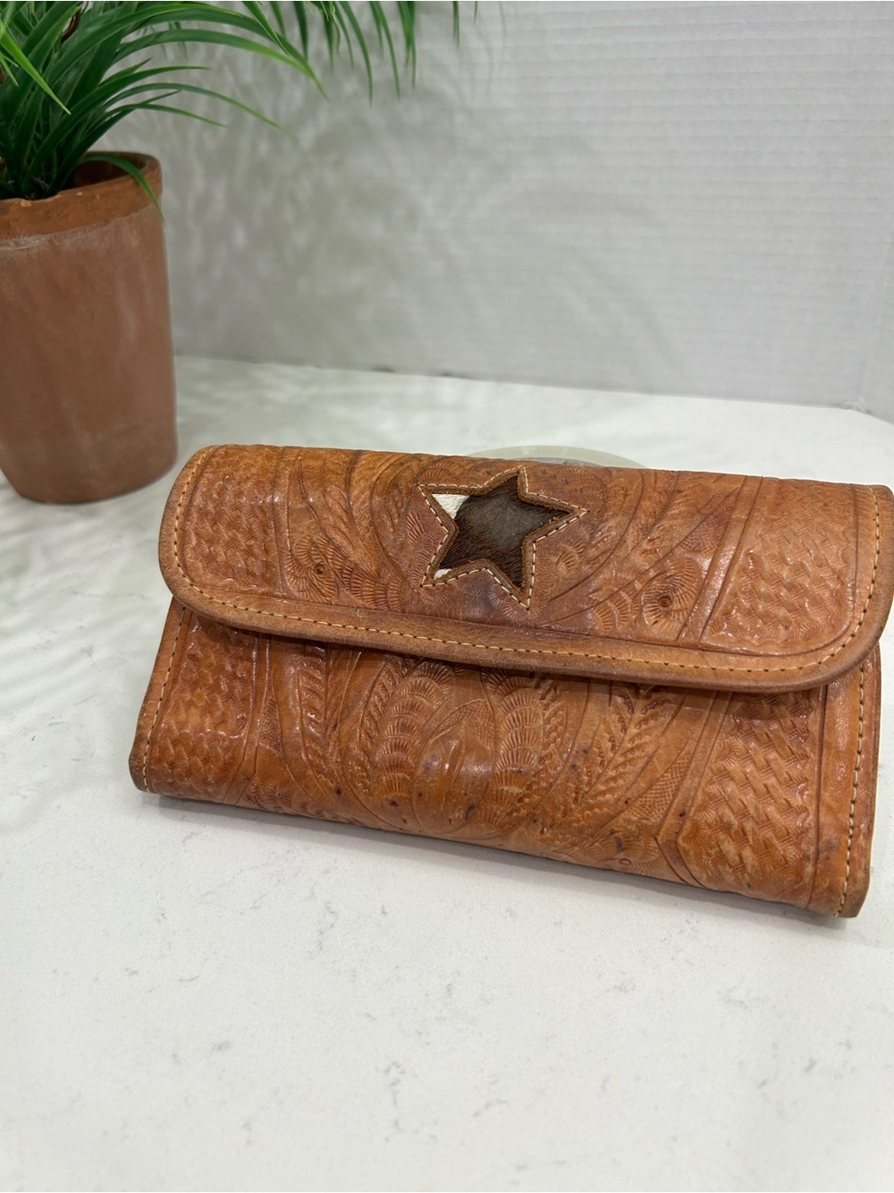 American West Tooled Leather Star Accent Wallet in Tan